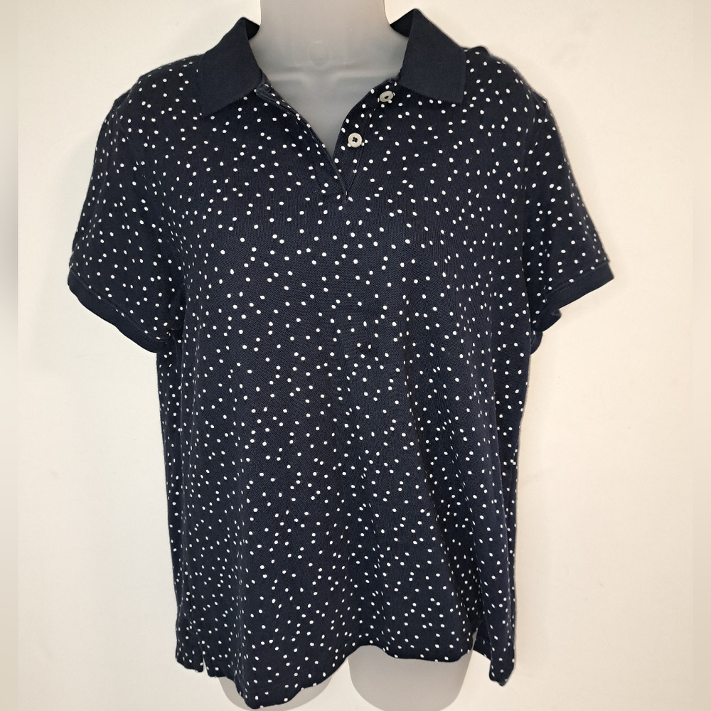 LL Bean Womens Navy Blue Polka Dot Medium Cotton Collared Polo Shirt Relaxed Fit